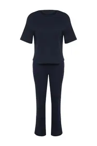 TRENDYOLMİLLA Navy Blue Slogan Printed Tire Detailed Ribbed T-Shirt-Pants Knitting Pajamas - Image 9