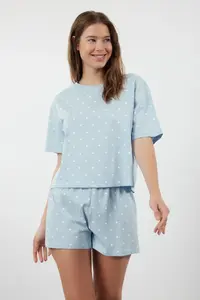 TRENDYOLMİLLA Mavi 100% Cotton Polka Dot and Heart OF shorts Knitting Pajama Set - Image 2