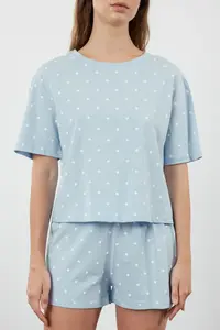 TRENDYOLMİLLA Mavi 100% Cotton Polka Dot and Heart OF shorts Knitting Pajama Set - Image 4