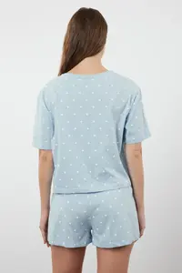 TRENDYOLMİLLA Mavi 100% Cotton Polka Dot and Heart OF shorts Knitting Pajama Set - Image 6