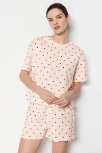 TRENDYOLMİLLA Light Pink 100% Cotton Polka Dot and Heart OF shorts Knitting Pajama Set - Image 2