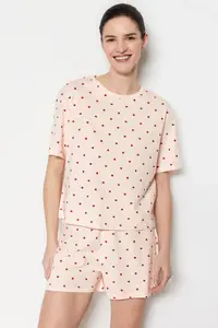 TRENDYOLMİLLA Light Pink 100% Cotton Polka Dot and Heart OF shorts Knitting Pajama Set - Image 3