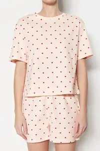 TRENDYOLMİLLA Light Pink 100% Cotton Polka Dot and Heart OF shorts Knitting Pajama Set - Image 4