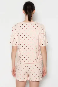 TRENDYOLMİLLA Light Pink 100% Cotton Polka Dot and Heart OF shorts Knitting Pajama Set - Image 6