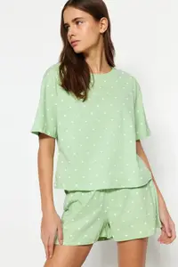 TRENDYOLMİLLA MINT 100% Cotton Polka Dot and Heart OF shorts Knitting Pajama Set
