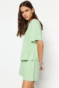 TRENDYOLMİLLA MINT 100% Cotton Polka Dot and Heart OF shorts Knitting Pajama Set - Image 2