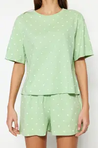 TRENDYOLMİLLA MINT 100% Cotton Polka Dot and Heart OF shorts Knitting Pajama Set - Image 4