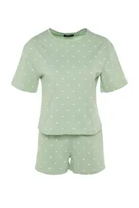 TRENDYOLMİLLA MINT 100% Cotton Polka Dot and Heart OF shorts Knitting Pajama Set - Image 6