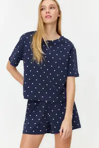 TRENDYOLMİLLA Navy Blue 100% Cotton Polka Dot and Heart OF shorts Knitting Pajama Set