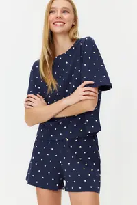 TRENDYOLMİLLA Navy Blue 100% Cotton Polka Dot and Heart OF shorts Knitting Pajama Set - Image 2