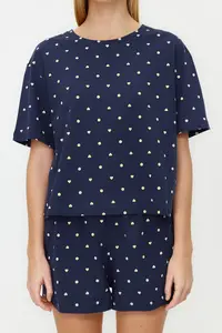 TRENDYOLMİLLA Navy Blue 100% Cotton Polka Dot and Heart OF shorts Knitting Pajama Set - Image 4