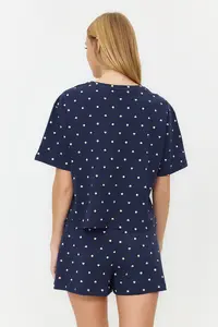 TRENDYOLMİLLA Navy Blue 100% Cotton Polka Dot and Heart OF shorts Knitting Pajama Set - Image 6