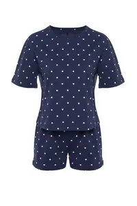 TRENDYOLMİLLA Navy Blue 100% Cotton Polka Dot and Heart OF shorts Knitting Pajama Set - Image 7
