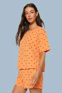 TRENDYOLMİLLA Orange-Multicolored 100% Cotton Polka Dot and Heart OF shorts Knitting Pajama Set