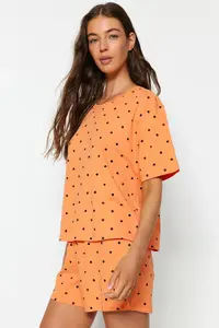 TRENDYOLMİLLA Orange-Multicolored 100% Cotton Polka Dot and Heart OF shorts Knitting Pajama Set - Image 2