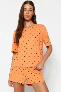 TRENDYOLMİLLA Orange-Multicolored 100% Cotton Polka Dot and Heart OF shorts Knitting Pajama Set - Image 3