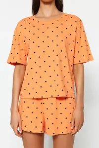 TRENDYOLMİLLA Orange-Multicolored 100% Cotton Polka Dot and Heart OF shorts Knitting Pajama Set - Image 4