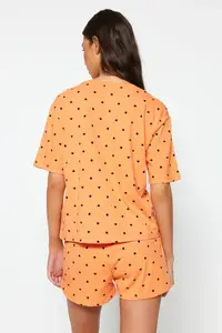 TRENDYOLMİLLA Orange-Multicolored 100% Cotton Polka Dot and Heart OF shorts Knitting Pajama Set - Image 6