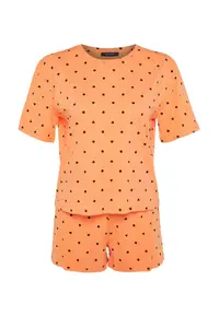 TRENDYOLMİLLA Orange-Multicolored 100% Cotton Polka Dot and Heart OF shorts Knitting Pajama Set - Image 7