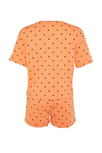 TRENDYOLMİLLA Orange-Multicolored 100% Cotton Polka Dot and Heart OF shorts Knitting Pajama Set - Image 9