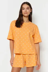 TRENDYOLMİLLA Orange 100% Cotton Polka Dot and Heart OF shorts Knitting Pajama Set