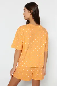 TRENDYOLMİLLA Orange 100% Cotton Polka Dot and Heart OF shorts Knitting Pajama Set - Image 5