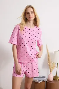 TRENDYOLMİLLA Pink 100% Cotton Heart Patterned OF shorts Knitting Pajama Set - Image 2