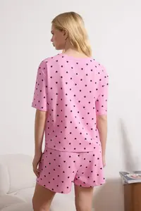 TRENDYOLMİLLA Pink 100% Cotton Heart Patterned OF shorts Knitting Pajama Set - Image 4