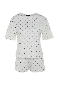 TRENDYOLMİLLA White 100% Cotton Polka Dot and Heart OF shorts Knitting Pajama Set - Image 6