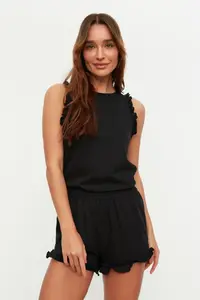 TRENDYOLMİLLA Black 100% Cotton Frilly OF shorts Knitting Pajama Set