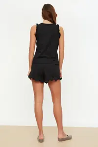 TRENDYOLMİLLA Black 100% Cotton Frilly OF shorts Knitting Pajama Set - Image 5
