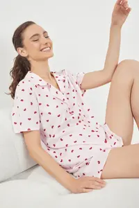 TRENDYOLMİLLA Pink Striped Kalpli Viscose OF shorts Weaving Pajama Set