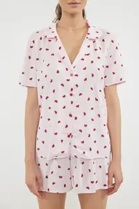 TRENDYOLMİLLA Pink Striped Kalpli Viscose OF shorts Weaving Pajama Set - Image 3