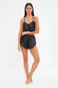 TRENDYOLMİLLA Black Lace Rope Sleeveless Crop Satin OF shorts Weaving Pajama Set - Image 3