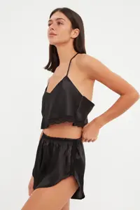 TRENDYOLMİLLA Black Lace Rope Sleeveless Crop Satin OF shorts Weaving Pajama Set - Image 4