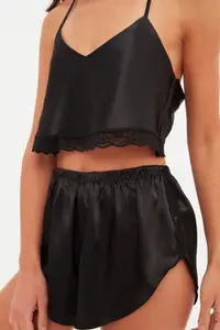 TRENDYOLMİLLA Black Lace Rope Sleeveless Crop Satin OF shorts Weaving Pajama Set - Image 5