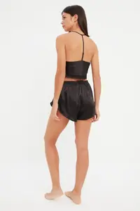 TRENDYOLMİLLA Black Lace Rope Sleeveless Crop Satin OF shorts Weaving Pajama Set - Image 6