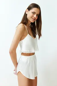 TRENDYOLMİLLA Bride/Bridal White Lace Rope Sleeveless Crop Satin OF shorts Weaving Pajama Set - Image 3