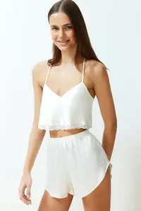 TRENDYOLMİLLA Bride/Bridal White Lace Rope Sleeveless Crop Satin OF shorts Weaving Pajama Set - Image 4