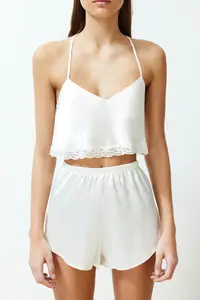 TRENDYOLMİLLA Bride/Bridal White Lace Rope Sleeveless Crop Satin OF shorts Weaving Pajama Set - Image 5