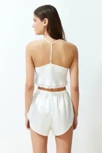 TRENDYOLMİLLA Bride/Bridal White Lace Rope Sleeveless Crop Satin OF shorts Weaving Pajama Set - Image 7