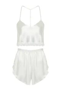 TRENDYOLMİLLA Bride/Bridal White Lace Rope Sleeveless Crop Satin OF shorts Weaving Pajama Set - Image 8