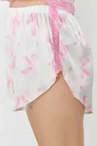 TRENDYOLMİLLA Pink Ribbon/Fiyonk Patterned Lace Rope Sleeveless Crop Satin OF shorts Weaving Pajama Set - Image 6