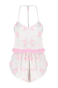 TRENDYOLMİLLA Pink Ribbon/Fiyonk Patterned Lace Rope Sleeveless Crop Satin OF shorts Weaving Pajama Set - Image 8
