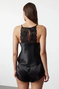 TRENDYOLMİLLA Black Lace Rope Sleeveless Satin OF shorts Weaving Pajama Set - Image 6