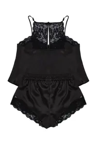 TRENDYOLMİLLA Black Lace Rope Sleeveless Satin OF shorts Weaving Pajama Set - Image 8
