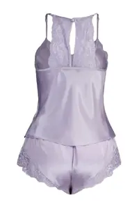 TRENDYOLMİLLA Lilac Lace Rope Sleeveless Satin OF shorts Weaving Pajama Set - Image 10