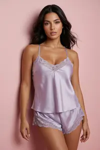 TRENDYOLMİLLA Lilac Lace Rope Sleeveless Satin OF shorts Weaving Pajama Set - Image 2