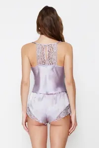 TRENDYOLMİLLA Lilac Lace Rope Sleeveless Satin OF shorts Weaving Pajama Set - Image 8
