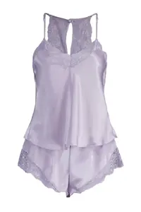 TRENDYOLMİLLA Lilac Lace Rope Sleeveless Satin OF shorts Weaving Pajama Set - Image 9